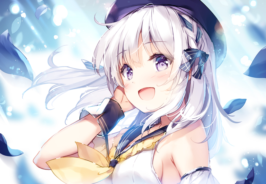 1girl arm_garter bare_shoulders beret blue_ribbon blue_sailor_collar breasts character_request copyright_request eyebrows_visible_through_hair hair_ribbon hand_in_hair hat light_rays medium_breasts medium_hair miyase_mahiro open_mouth ribbon sailor_collar sideboob solo violet_eyes white_hair wrist_cuffs