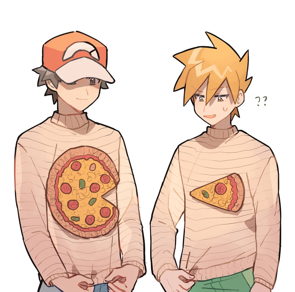 2boys ?? bangs baseball_cap blue_oak brown_hair closed_mouth commentary_request eyebrows_visible_through_hair food hat holding long_sleeves male_focus multiple_boys orange_hair outline pizza pokemon pokemon_(game) pokemon_sm rata_(m40929) red_(pokemon) smile sweatdrop sweater white_background