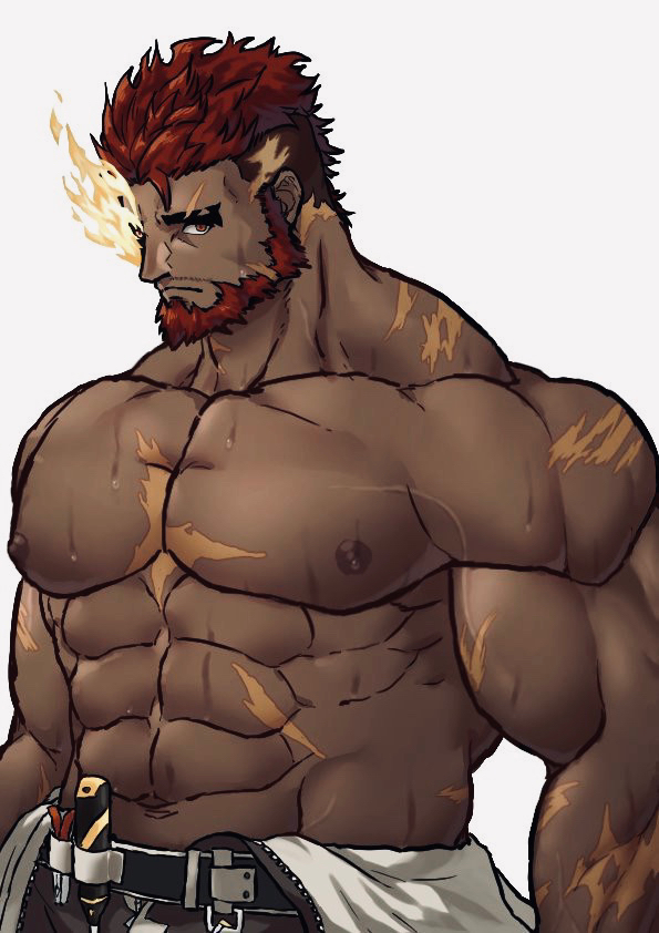 1boy abs bara bare_chest beard chest facial_hair flaming_eye hephaestus_(tokyo_houkago_summoners) looking_at_viewer male_focus muscle navel nipples redhead scar shirtless short_hair solo sweat thick_eyebrows tokyo_houkago_summoners upper_body vatto_(1997522adachi) white_background