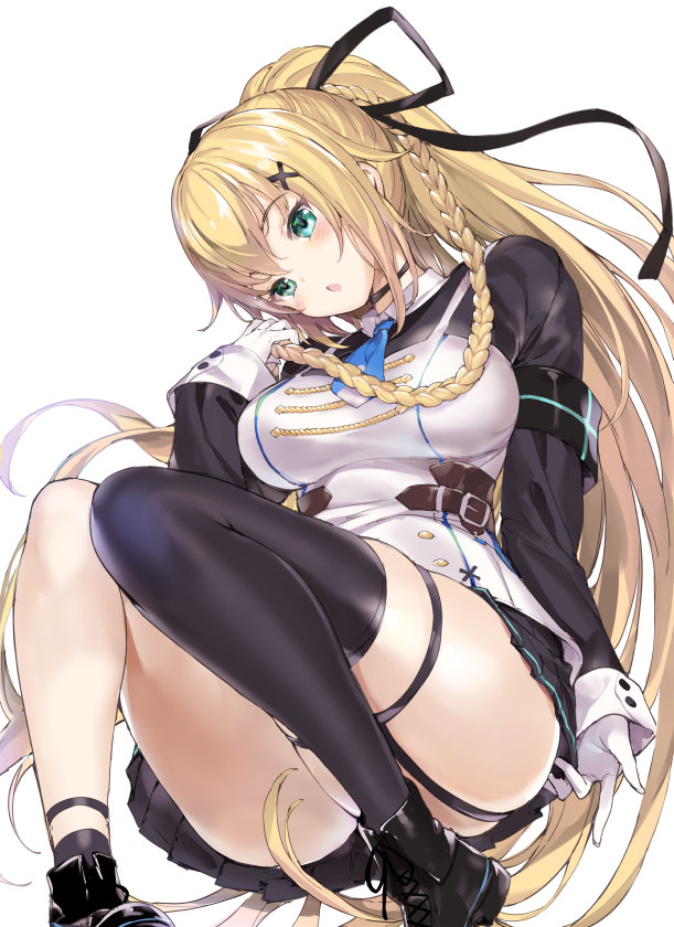 .live 1girl alternate_costume alternate_hairstyle armband blonde_hair blush boots gloves green_eyes hair_ornament hairclip kongou_iroha long_hair looking_at_viewer mutsutake open_mouth ponytail simple_background thighs virtual_youtuber white_background white_gloves