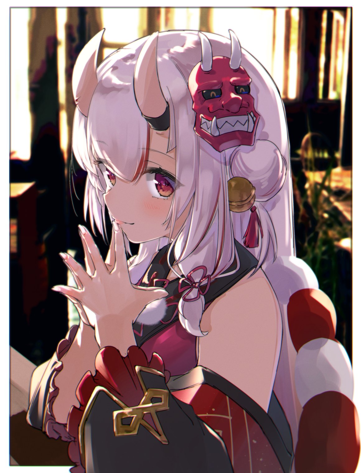 1girl blurry blurry_background blush commentary_request detached_sleeves hair_between_eyes hands_clasped highres hololive horns japanese_clothes long_hair looking_at_viewer nakiri_ayame namaonpa oni_horns oni_mask own_hands_together portrait red_eyes silver_hair smile solo virtual_youtuber