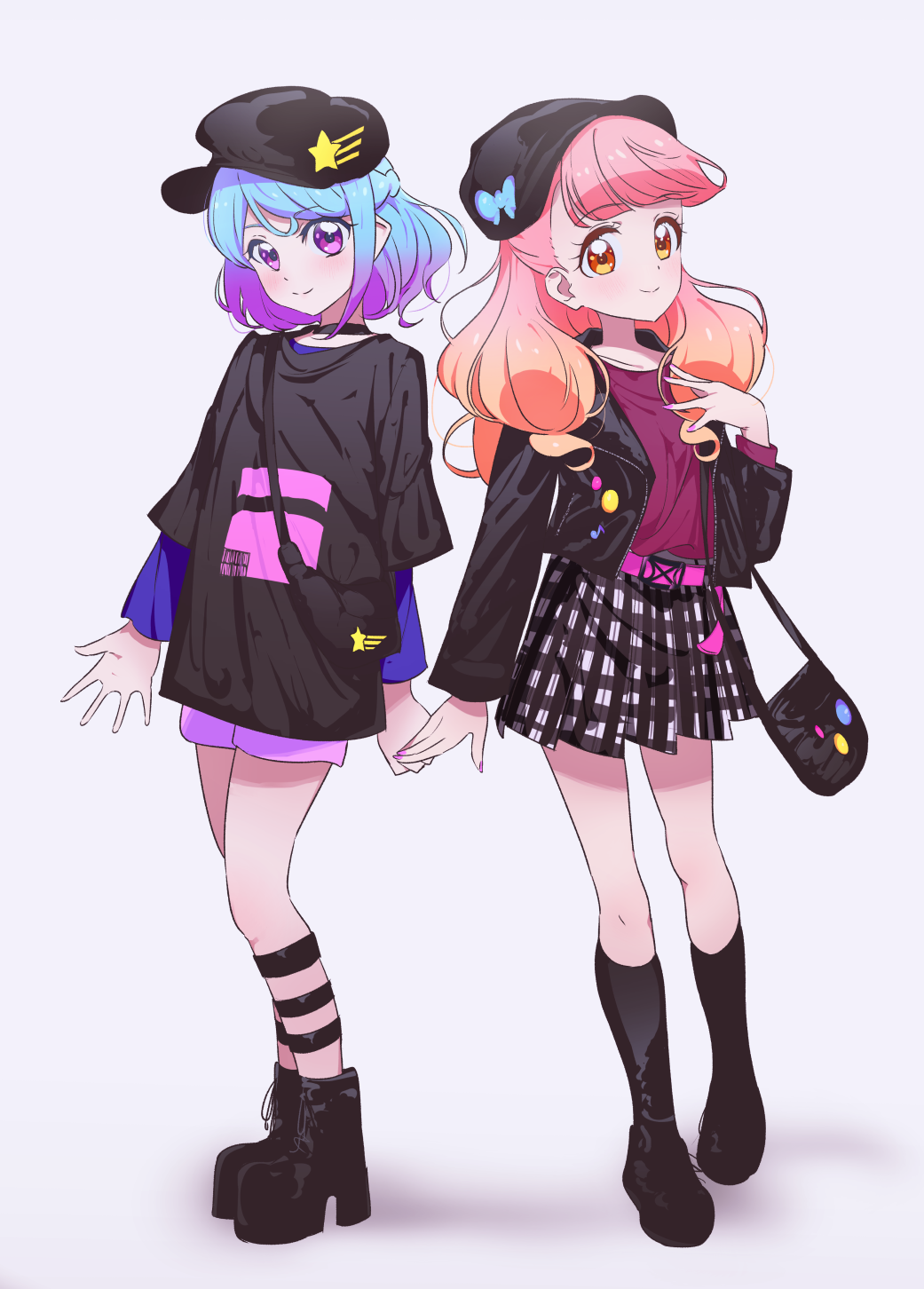 2girls aikatsu!_(series) aikatsu_friends! ankle_boots bag belt black_choker black_footwear black_headband black_jacket black_legwear black_shirt black_skirt blue_bow blue_hair blue_shirt boots bow cabbie_hat carrying choker closed_mouth eighth_note flat_cap gradient_hair grey_background handbag hat hat_bow hat_ornament headband heel_up highres holding_hands jacket leather leather_jacket long_hair long_sleeves looking_at_viewer medium_hair minato_mio miniskirt multicolored_hair multiple_girls musical_note nail_polish open_clothes open_jacket orange_hair oversized_clothes pink_hair plaid plaid_skirt print_shirt purple_belt purple_hair purple_nails purple_shorts red_shirt shirt shoes short_over_long_sleeves short_shorts short_sleeves shorts side-by-side simple_background skirt smile socks standing star_(symbol) star_hat_ornament striped striped_legwear t-shirt violet_eyes yamamura_saki yuuki_aine