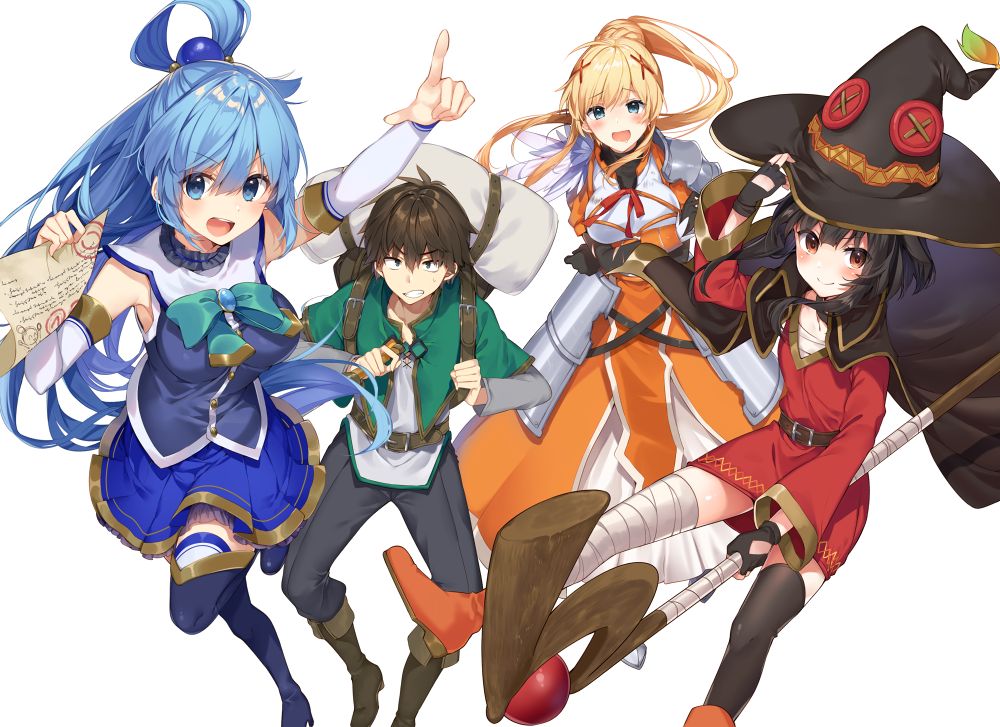 1boy 3girls aqua_(konosuba) backpack bag belt black_hair blonde_hair blue_eyes blue_hair brown_hair darkness_(konosuba) green_eyes kono_subarashii_sekai_ni_shukufuku_wo! looking_at_viewer megumin mishima_kurone multiple_girls red_eyes satou_kazuma staff tagme thigh-highs