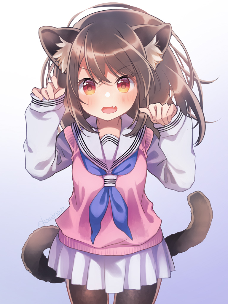 1girl animal_ear_fluff animal_ears black_legwear brown_eyes brown_hair cat_ears cat_tail fang hands_up kawanobe long_hair long_sleeves original pantyhose pink_vest school_uniform serafuku shirt sidelocks simple_background skin_fang tail uniform vest white_shirt