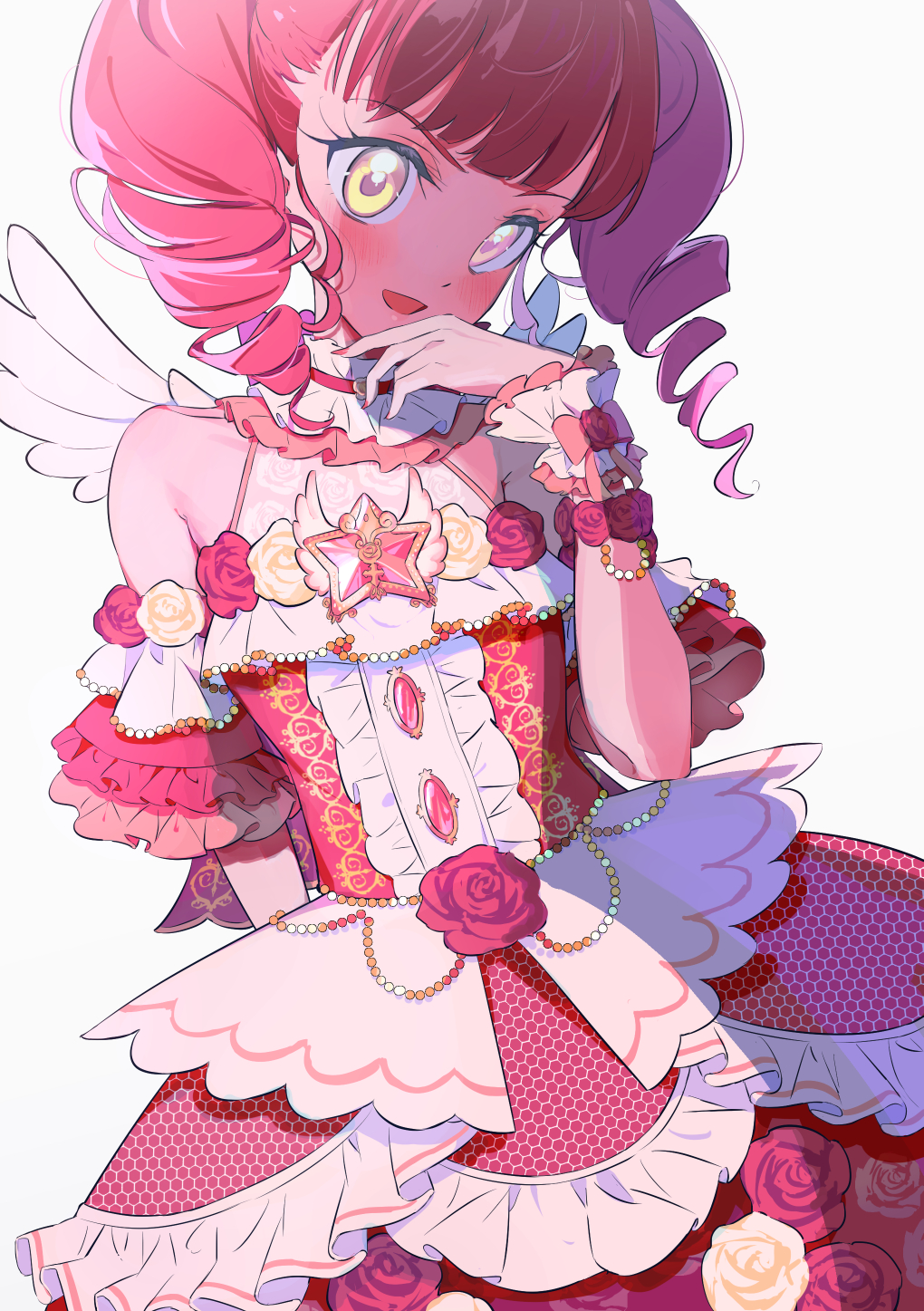 1girl akagi_anna angel_wings arm_behind_back bangs blunt_bangs blush collar commentary dress drill_hair english_commentary flower frilled_collar frilled_cuffs frills halterneck head_tilt highres idol kiratto_pri_chan layered_dress looking_at_viewer medium_dress medium_hair open_mouth pretty_(series) red_dress red_flower red_rose redhead ribbon rose simple_background smile solo standing star_ornament twin_drills twintails venus_symbol white_background white_ribbon wings yamamura_saki yellow_eyes
