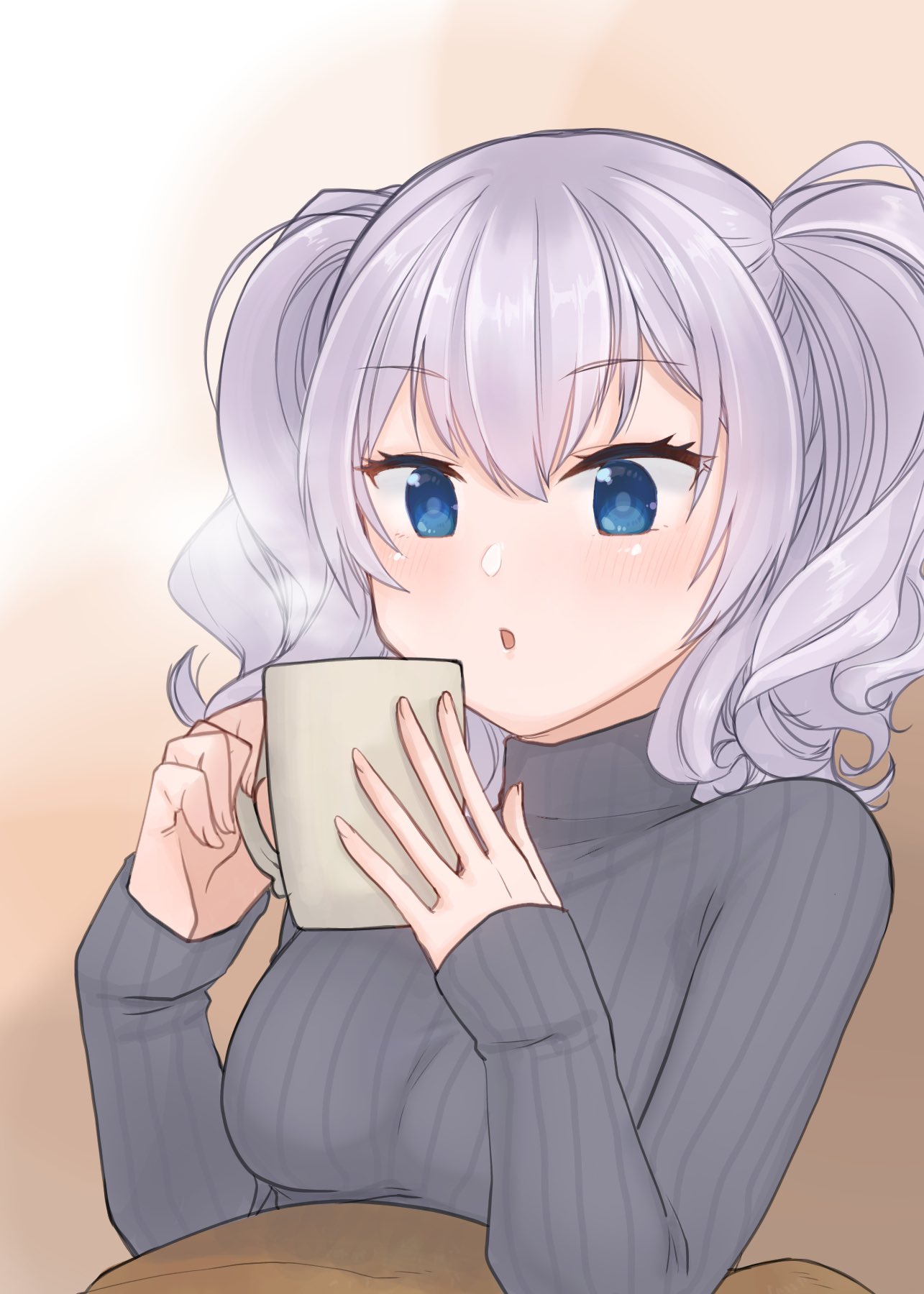 1girl alternate_costume bangs blowing blue_eyes bobokuboboku cup eyebrows_visible_through_hair grey_sweater highres holding holding_cup kantai_collection kashima_(kantai_collection) long_hair mug ribbed_sweater silver_hair solo steam sweater turtleneck turtleneck_sweater twintails wavy_hair