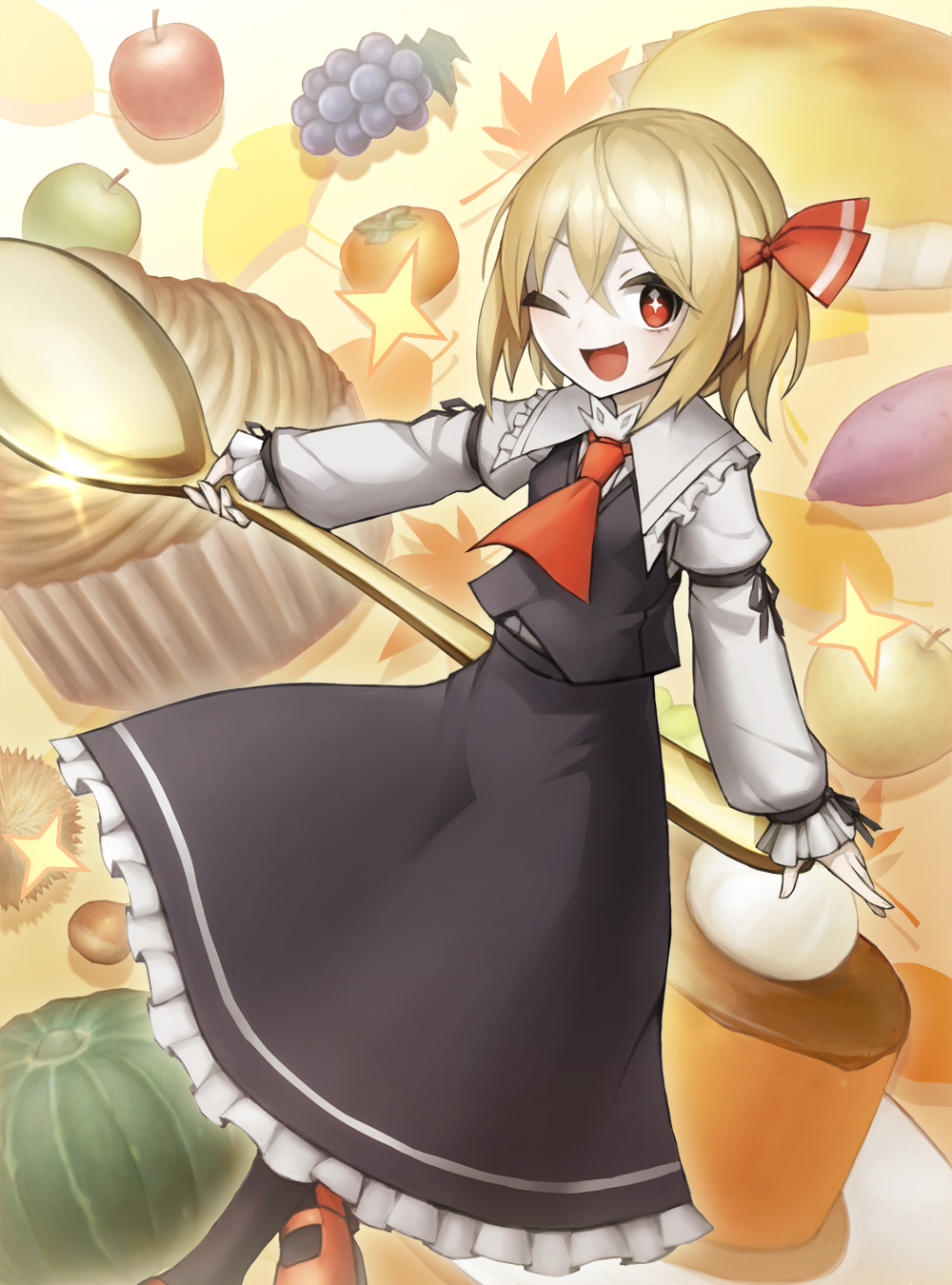 +_+ ;d apple black_skirt black_vest blonde_hair commentary_request dutch_angle food food_background foot_out_of_frame frilled_shirt_collar frilled_skirt frills fruit glint grapes hair_between_eyes hair_ribbon highres holding holding_spoon juliet_sleeves long_sleeves medium_hair one_eye_closed open_mouth pastry puffy_sleeves red_eyes red_footwear red_neckwear red_ribbon ribbon rumia shirt skirt smile spark621 spoon touhou v-shaped_eyebrows vegetable vest white_shirt
