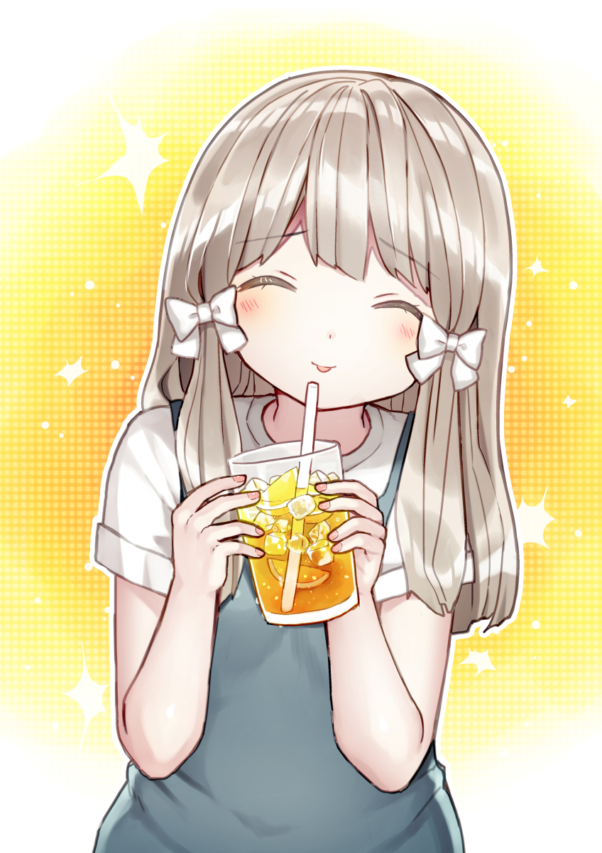 1girl :p ^_^ bangs blush bow closed_eyes closed_mouth commentary_request cup dress drink drinking_glass drinking_straw eyebrows_visible_through_hair facing_viewer grey_dress grey_hair hair_bow hands_up highres holding holding_cup ice ice_cube kurata_rine long_hair original shirt short_sleeves sleeveless sleeveless_dress smile solo tongue tongue_out upper_body white_bow white_shirt