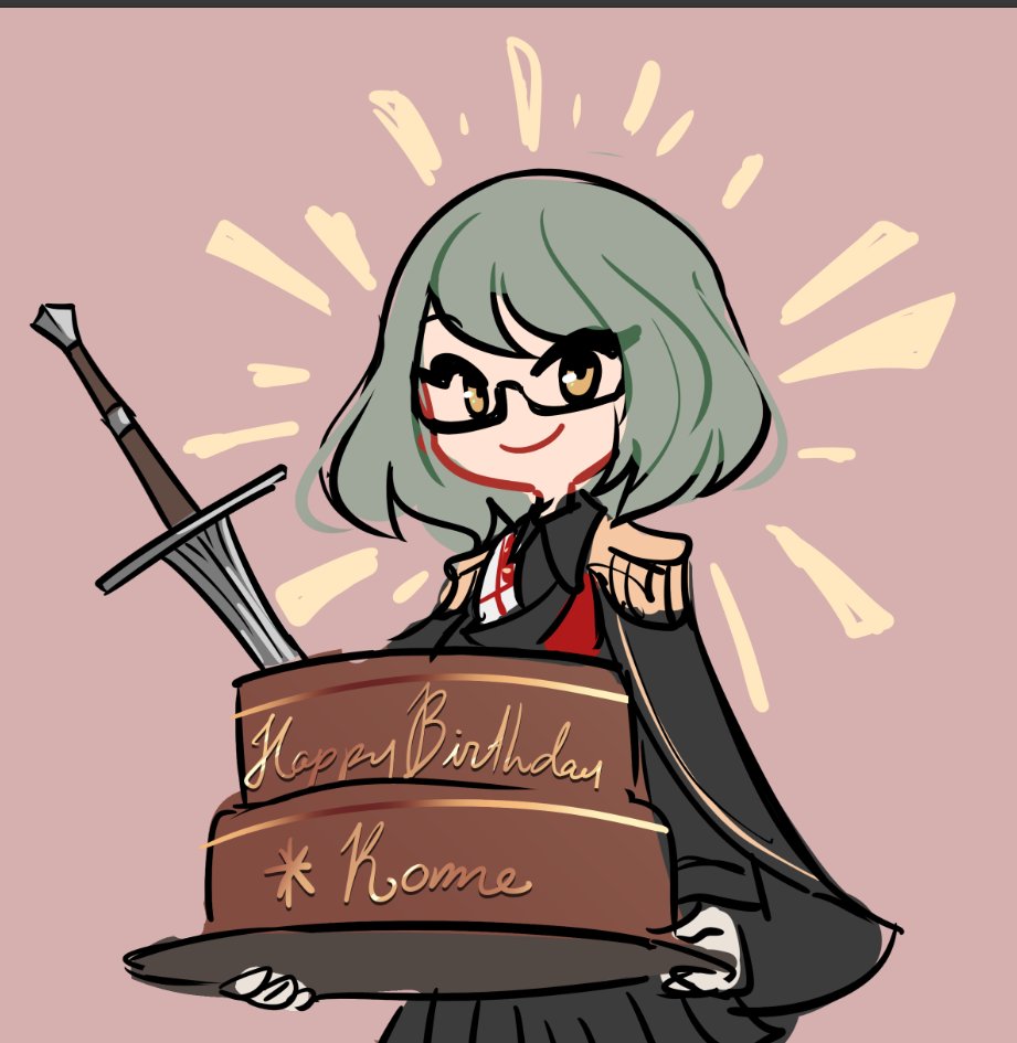 1girl birthday_cake cake capelet centurii-chan_(artist) english_text food gloves gradient gradient_background green_hair happy_birthday holding holding_tray medium_hair military military_uniform olivia_mckinley original planted planted_sword smile solo sword tray uniform weapon yellow_eyes
