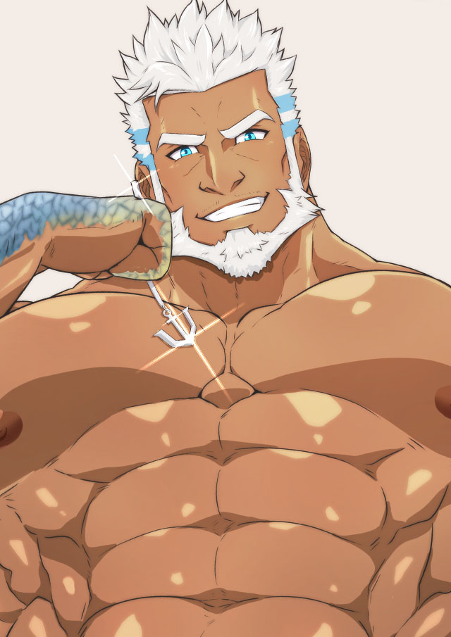 1boy abs aegir_(tokyo_houkago_summoners) bara bare_chest beard blue_eyes chest close-up dark_skin dark_skinned_male elbow_rest face facial_hair fins giant giant_male jewelry looking_at_viewer male_focus manly mikura0317 muscle navel nipples short_hair single_earring smile tokyo_houkago_summoners white_hair