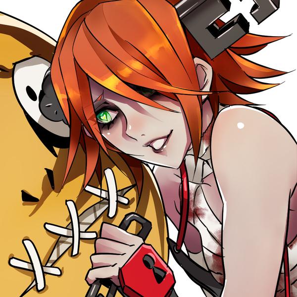 1girl a.b.a bandages blood bloody_clothes green_eyes guilty_gear guilty_gear_xx heart heart-shaped_pupils kin_mokusei paracelsus redhead short_hair stitched_mouth stitches symbol-shaped_pupils