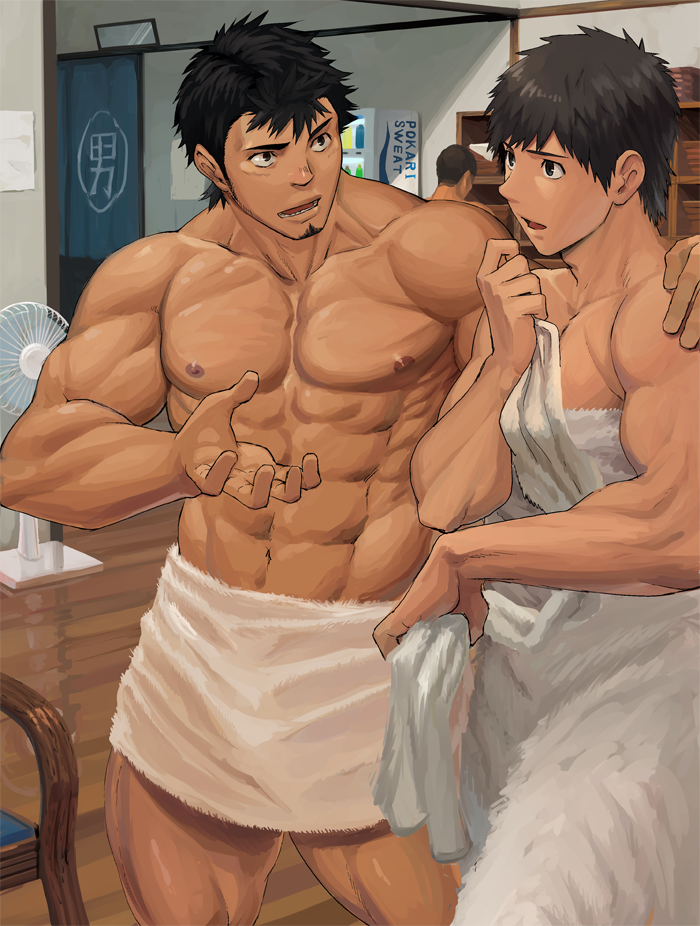 2boys abs bara bare_chest black_eyes black_hair bulge changing_room chest dainyuu_(dgls) facial_hair feet_out_of_frame goatee hand_on_another's_shoulder male_focus multiple_boys muscle naked_towel navel nipples original short_hair sideburns thick_thighs thighs towel