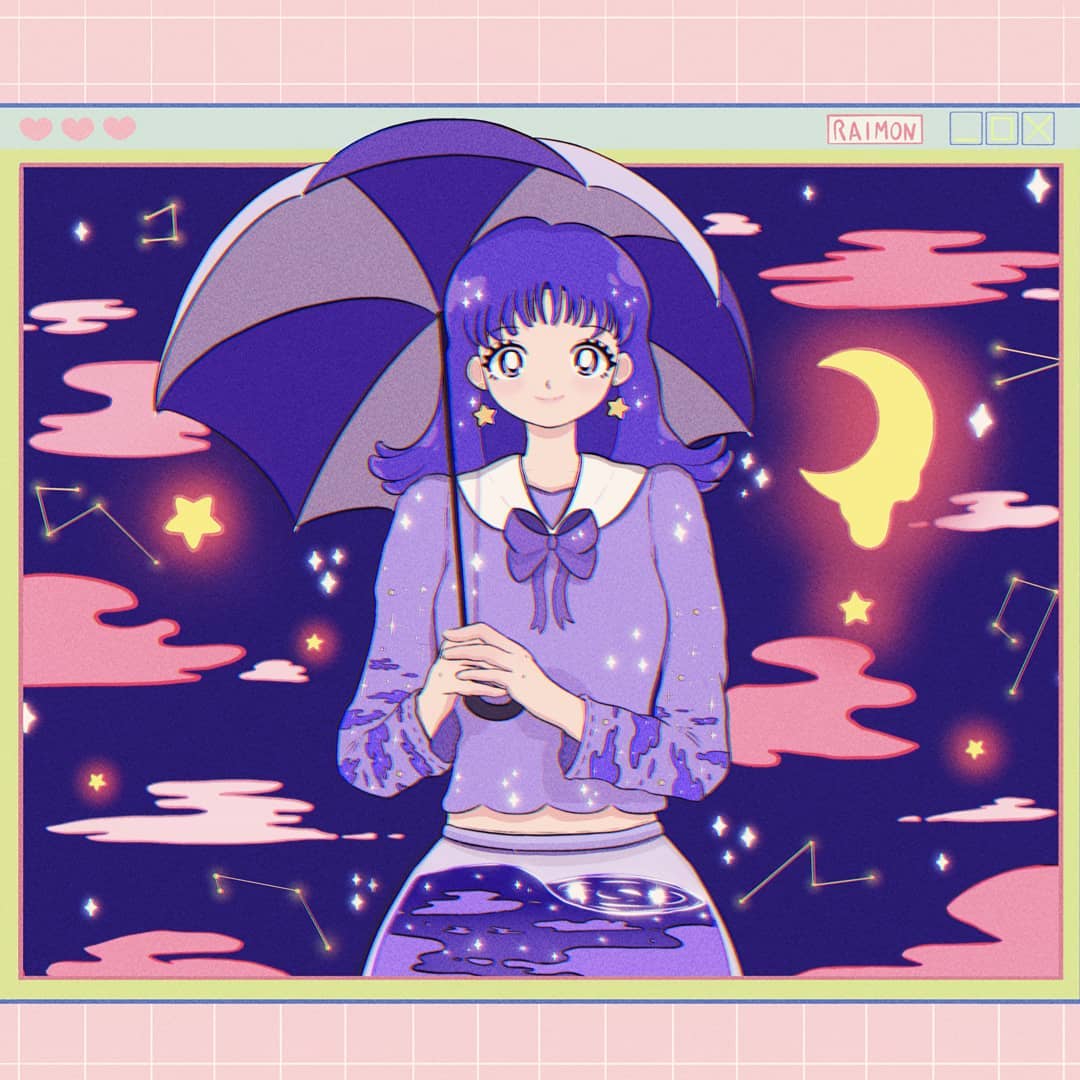 1girl artist_name bangs clouds constellation crescent_moon earrings jewelry long_hair long_sleeves looking_at_viewer mehraimonart moon original purple_hair purple_neckwear purple_shirt shirt solo star_(symbol) star_earrings umbrella upper_body