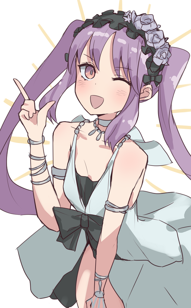 1girl bangs bare_shoulders blush bracelet breasts collarbone dress euryale fate/hollow_ataraxia fate_(series) frilled_hairband frills hairband index_finger_raised jewelry kopaka_(karda_nui) long_hair looking_at_viewer neck_ring necklace one_eye_closed open_mouth purple_hair sidelocks simple_background small_breasts smile thighs twintails very_long_hair violet_eyes white_background white_dress
