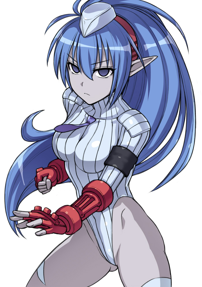 1girl armband black_neckwear blue_eyes blue_hair blue_headwear blue_leotard blue_skin bodypaint breasts cammy_white cammy_white_(cosplay) celsius_(tales) commentary_request corruption cosplay cowboy_shot dark_persona empty_eyes fingerless_gloves garrison_cap gloves hai_(h81908190) hat highleg highleg_swimsuit leotard long_hair looking_at_viewer medium_breasts neckerchief pointy_ears ponytail pose red_gloves ribbed_leotard shadaloo_dolls simple_background solo street_fighter street_fighter_zero_(series) swimsuit tales_of_(series) tales_of_eternia white_background