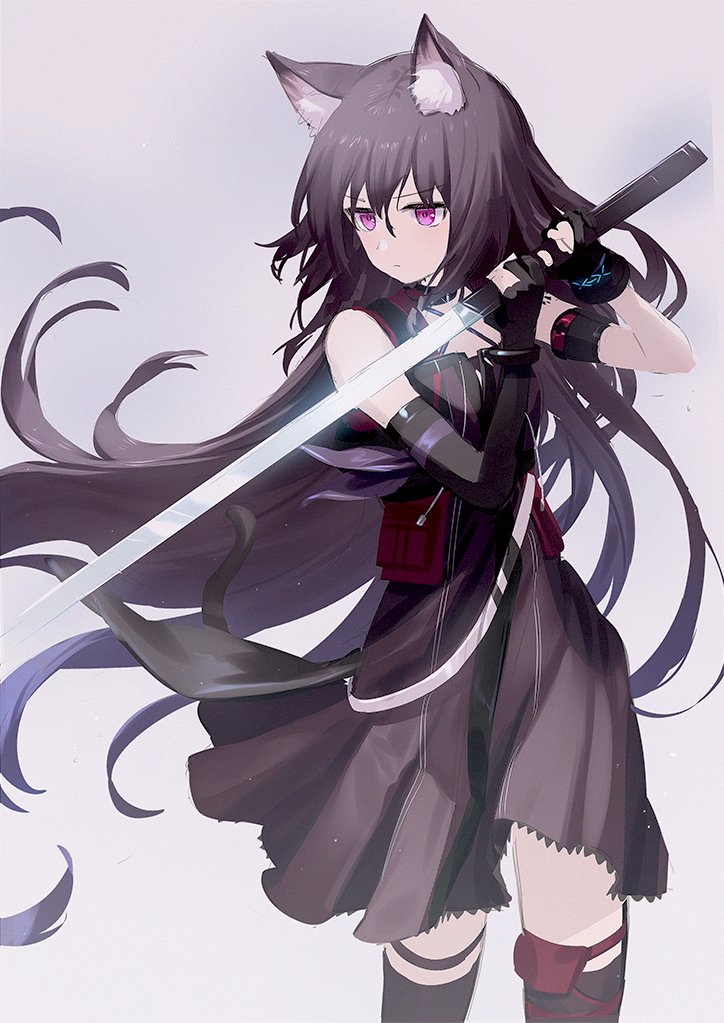 1girl animal_ear_fluff animal_ears arknights arm_tattoo armband asymmetrical_gloves bare_shoulders black_dress black_gloves black_hair black_legwear black_vest breasts cat_tail choker commentary_request dress elbow_gloves feet_out_of_frame fingerless_gloves glaring gloves grey_background holding holding_sword holding_weapon holster long_hair melantha_(arknights) pouch red_eyes serious simple_background single_glove small_breasts solo standing sword tail tattoo thigh-highs thigh_holster thigh_strap vest wasabi60 weapon