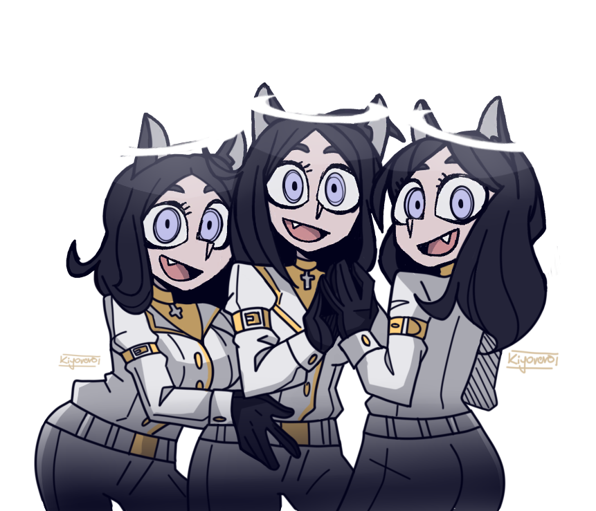 3girls alternate_costume animal_ears armband artist_name black_gloves black_hair blue_eyes cerberus_(helltaker) cross dog_ears fatigues gloves gold_trim halo helltaker kiyovero looking_at_viewer military military_uniform multiple_girls official_style shirt uniform white_shirt