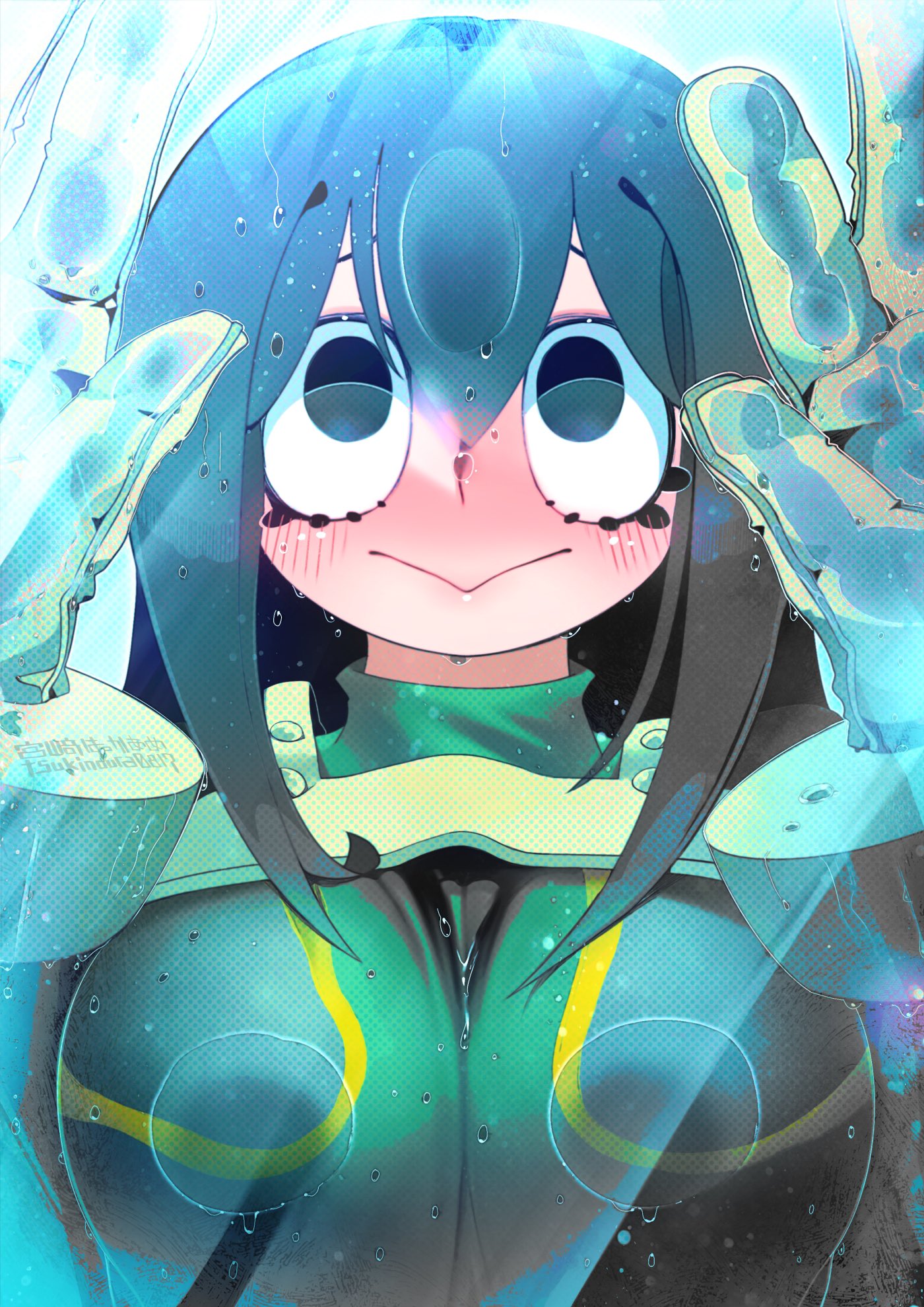 1girl asui_tsuyu bangs big_eyes black_hair bodysuit boku_no_hero_academia breast_press breasts frog_girl gloves green_bodysuit hakkasame hands_up highres light_rays long_hair solo triangle_mouth water water_drop wet wet_clothes wet_hair