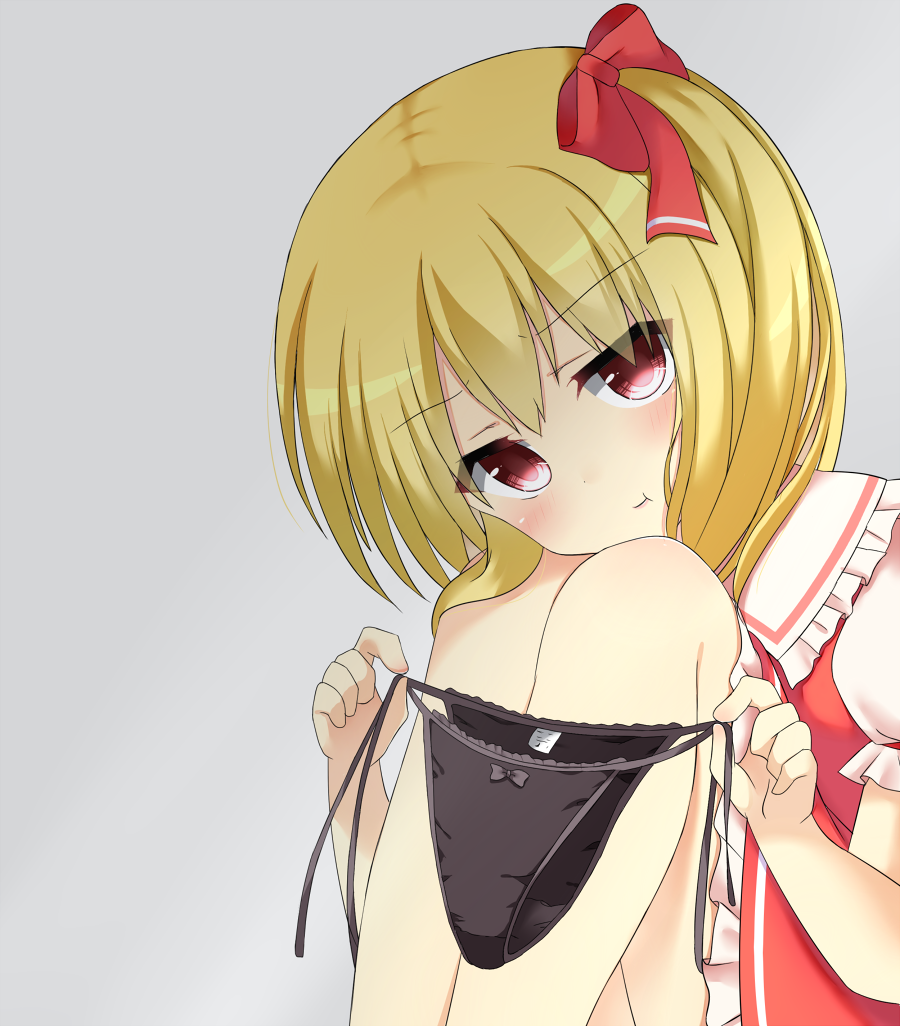 1girl :t black_panties blonde_hair blush bow bow_panties commentary eyebrows_visible_through_hair feet_out_of_frame flandre_scarlet frilled_shirt_collar frilled_skirt frills grey_background hair_bow head_on_knees holding holding_clothes holding_panties holding_underwear jitome knees_up looking_at_viewer medium_hair no_headwear one_side_up panties panties_removed pout puffy_short_sleeves puffy_sleeves red_bow red_eyes red_skirt red_vest short_sleeves side-tie_panties simple_background sitting skirt solo touhou underwear vest yukina_kurosaki