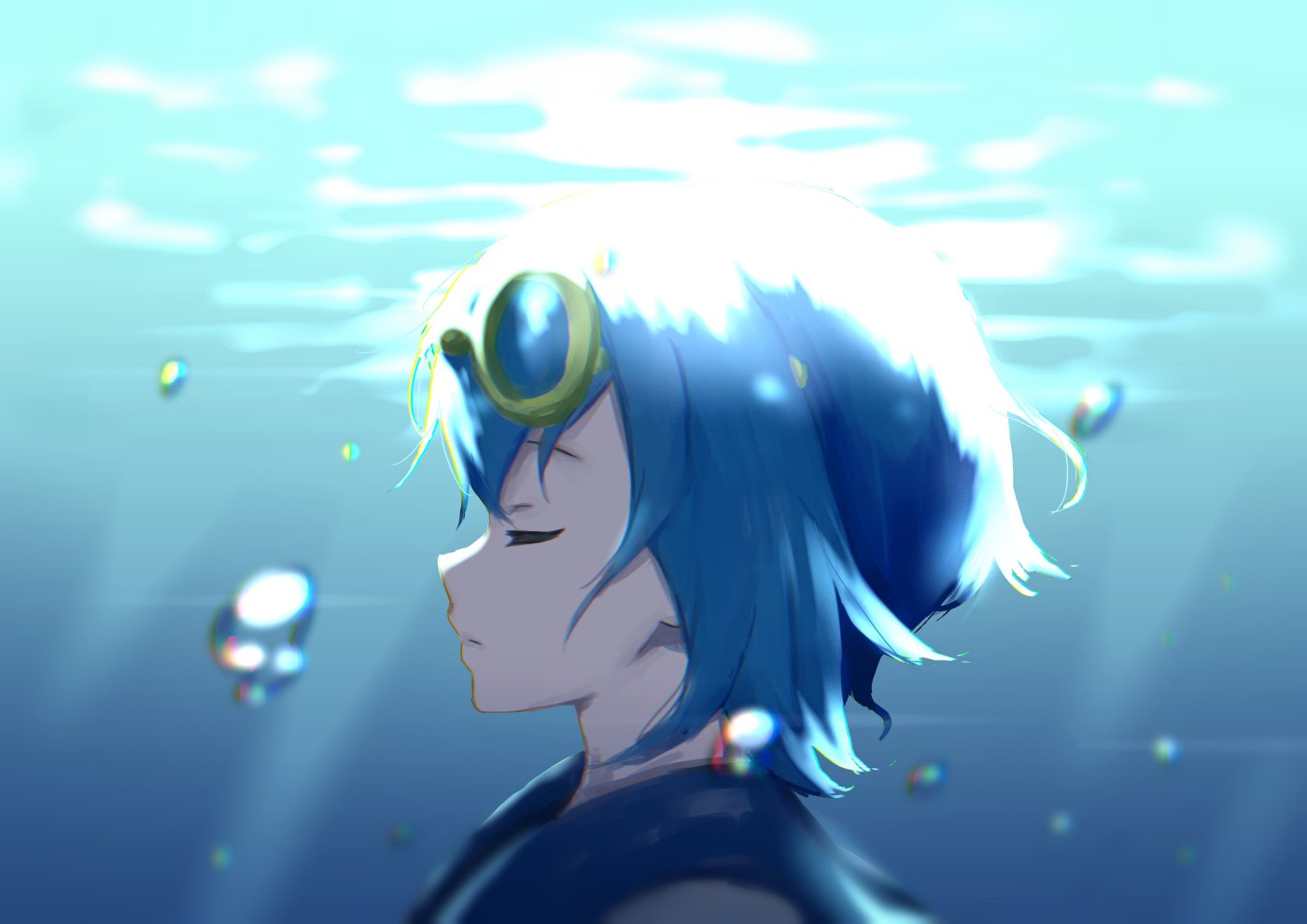 1girl blue_hair blurry bubble closed_eyes closed_mouth commentary goggles goggles_on_head lana_(pokemon) light_beam medium_hair melon_syrup pokemon pokemon_(game) pokemon_sm portrait profile solo trial_captain underwater