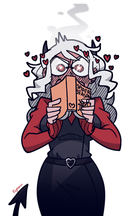 &gt;:( artist_name belt black_horns blush book demon_girl demon_horns demon_tail embarrassed glasses heart heart-shaped_pupils heart_belt helltaker holding holding_book horns kiyovero modeus_(helltaker) signature steaming_body symbol-shaped_pupils tail white_hair