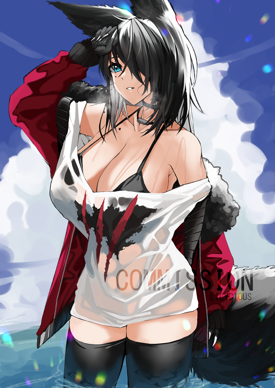 1girl animal_ears bangs bikini black_bikini black_hair black_legwear blue_eyes borrowed_character breasts choker clouds commission fingernails fox_ears fox_girl fox_tail highres large_breasts lilycious long_hair loose_clothes loose_shirt mole mole_under_eye ocean original parted_lips see-through_silhouette sharp_fingernails shirt sky solo swimsuit tail thigh-highs wading watermark wet wet_clothes wet_shirt