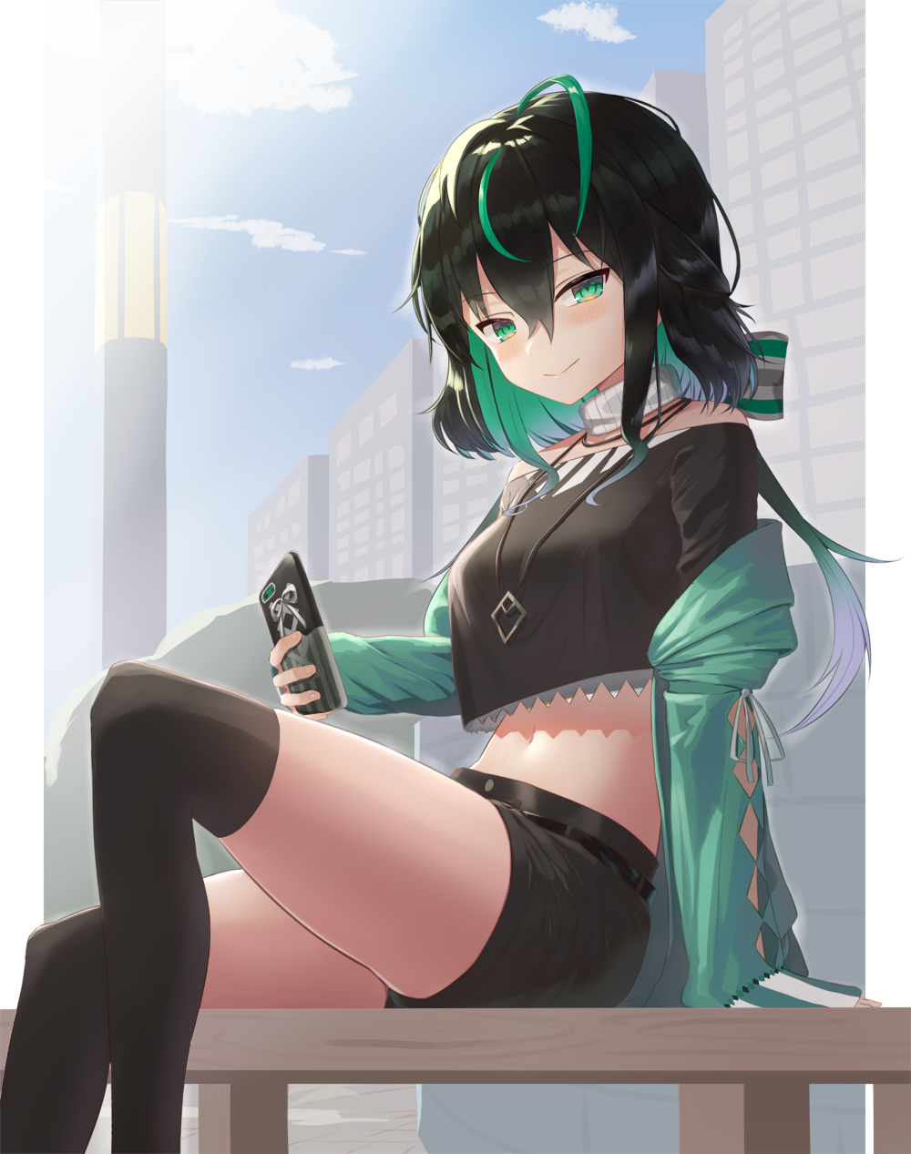 1girl ahoge black_hair black_legwear black_shirt black_shorts cellphone colored_inner_hair crop_top crop_top_overhang green_eyes green_hair hair_between_eyes highres jewelry knee_up legs looking_at_viewer midriff multicolored_hair navel necklace nijisanji nijisanji_kr nyaa28 off-shoulder_shirt off_shoulder open_clothes phone shin_yuya shirt short_shorts shorts smile streaked_hair thigh-highs thighs virtual_youtuber