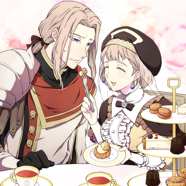 1boy 1girl black_gloves blonde_hair blue_eyes brother_and_sister chair closed_eyes closed_mouth cup earrings fire_emblem fire_emblem:_three_houses food fork gloves hat holding holding_fork holding_plate jeritza_von_hrym jewelry long_hair long_sleeves macaron mercedes_von_martritz open_mouth plate ponytail short_hair siblings teacup totototope