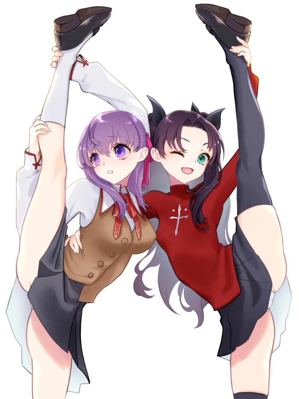 2girls black_hair black_legwear blue_eyes breasts fate/stay_night fate_(series) flexible highres homurahara_academy_uniform large_breasts leg_up long_hair long_legs long_sleeves matou_sakura miniskirt moe panties pantyshot purple_hair siblings sisters skirt skirt_lift smile sow_mhxx split standing standing_on_one_leg standing_split studio_deen thick_thighs thigh-highs thighs tohsaka_rin twintails two_side_up type-moon ufotable underwear violet_eyes