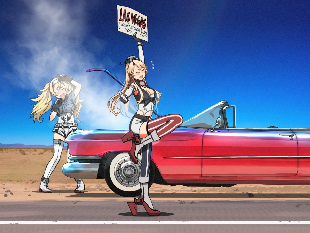 2girls annin_musou blonde_hair blue_shirt blue_sky breast_pocket breasts car closed_eyes collared_shirt commentary_request desert fingerless_gloves full_body gambier_bay_(kantai_collection) gloves ground_vehicle hairband hitchhiking holding holding_sign iowa_(kantai_collection) kantai_collection large_breasts miniskirt mismatched_legwear motor_vehicle multicolored multicolored_clothes multicolored_gloves multiple_girls outdoors pocket road rudder_footwear shirt shorts sign skirt sky smoke striped striped_legwear thigh-highs twintails vehicle_request vertical-striped_legwear vertical-striped_skirt vertical_stripes white_legwear