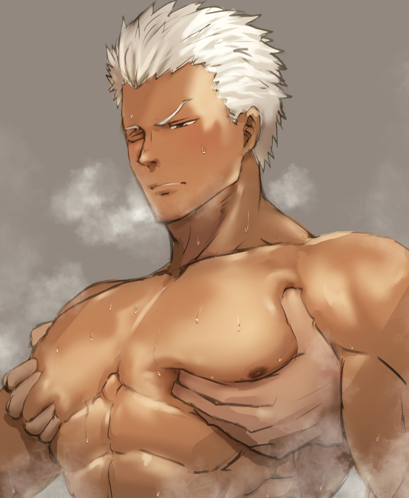 1boy 1other abs archer bara bare_chest brown_eyes chest dark_skin dark_skinned_male f-una fate/grand_order fate/stay_night fate_(series) grabbing groping male_focus muscle nipples one_eye_closed pectoral_grab shirt short_hair steam sweat upper_body white_shirt