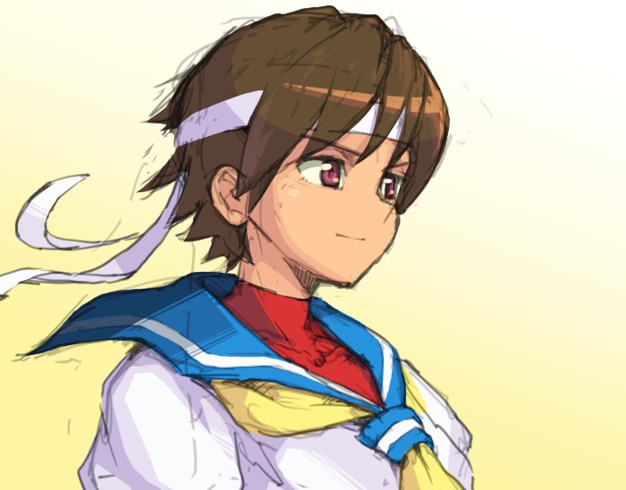 1girl blue_sailor_collar brown_eyes brown_hair closed_mouth headband kasugano_sakura sailor_collar school_uniform serafuku short_hair simple_background street_fighter street_fighter_zero_(series) yuusuke_(5yusuke3)