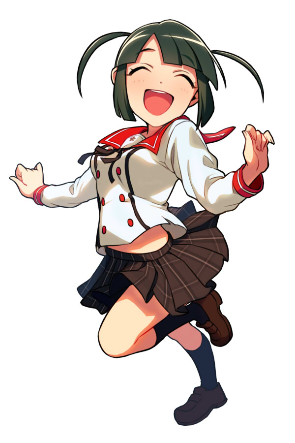 1girl :d ^_^ bangs black_legwear black_ribbon blunt_bangs blush breasts brown_footwear brown_skirt buttons closed_eyes commentary_request ensemble_girls! eyebrows_visible_through_hair facing_viewer full_body green_hair happy kimisaki_school_uniform long_sleeves midriff_peek ono_chiyo open_mouth plaid plaid_skirt red_sailor_collar ribbon sailor_collar sayshownen school_uniform serafuku shirt shoes short_hair simple_background skirt smile socks solo standing standing_on_one_leg white_background white_shirt