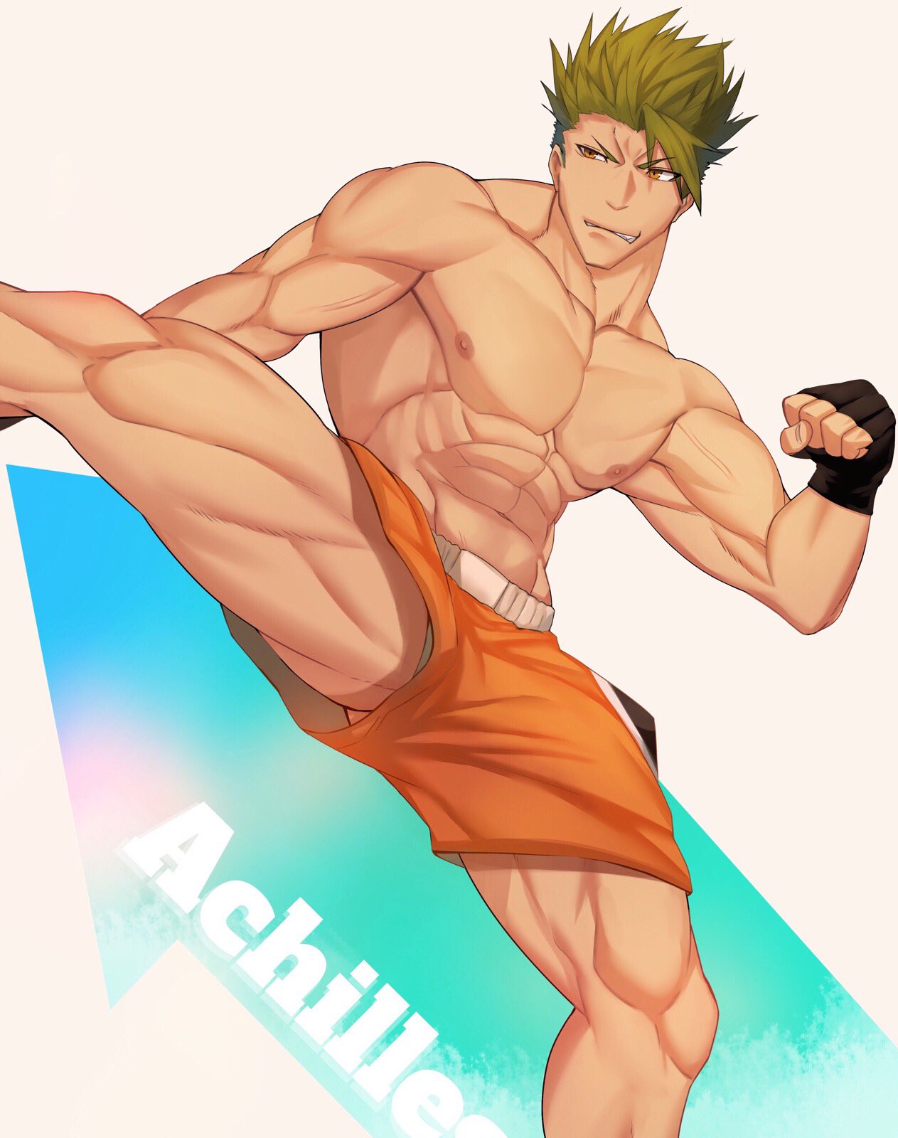 1boy abs achilles_(fate) alternate_costume bara bare_chest black_gloves chest clenched_hand fate/apocrypha fate/grand_order fate_(series) feet_out_of_frame fighting_stance fingerless_gloves gloves green_hair highres kicking leg_up male_focus muscle navel nipples official_alternate_costume short_hair shorts solo spiky_hair standing standing_on_one_leg suzuoni thick_thighs thighs yellow_eyes