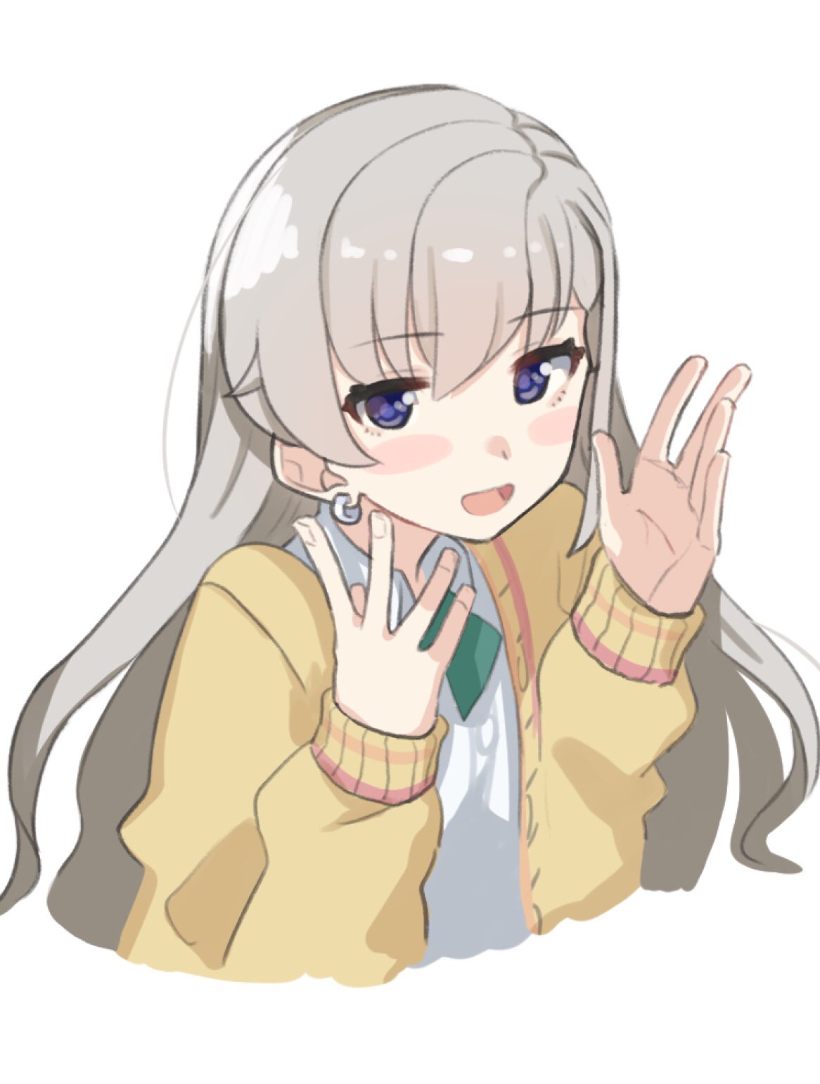 1girl :d bangs blue_eyes blush_stickers bow brown_jacket collared_shirt commentary_request cropped_torso earrings eyebrows_visible_through_hair green_bow grey_hair hair_between_eyes hands_up highres hisakawa_hayate idolmaster idolmaster_cinderella_girls idolmaster_cinderella_girls_starlight_stage jacket jewelry long_hair long_sleeves looking_at_viewer open_clothes open_jacket open_mouth shirt shiwa_(siwaa0419) sleeves_past_wrists smile solo upper_body very_long_hair white_shirt