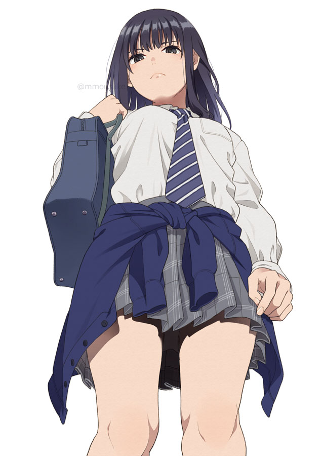 &gt;:( 1girl arm_at_side ass_visible_through_thighs bag bangs black_hair blue_bag blue_cardigan blue_neckwear blush breast_pocket breasts buttons cardigan character_request closed_mouth clothes_around_waist copyright_request from_below grey_eyes grey_shirt grey_skirt hand_up holding holding_bag knees long_hair long_sleeves looking_at_viewer mattaku_mousuke medium_breasts necktie original panties pantyshot plaid plaid_skirt pleated_skirt pocket purple_hair school_bag school_uniform shirt shirt_tucked_in simple_background skirt solo striped striped_neckwear thighs twitter_username underwear white_background