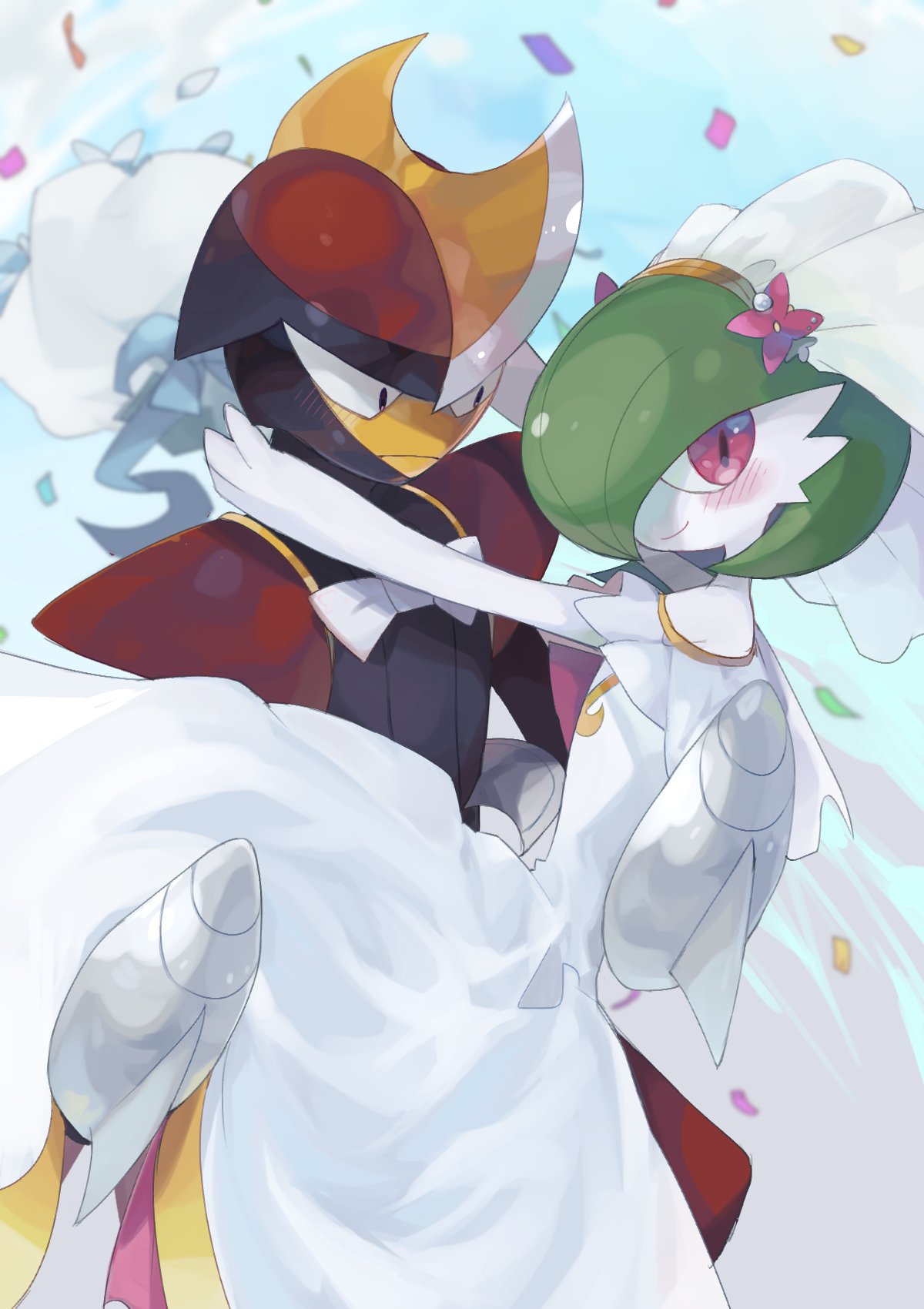 bisharp blush bow bowtie carrying closed_mouth commentary_request dress gardevoir gen_3_pokemon gen_5_pokemon hands_on_another's_neck highres looking_at_another pokemon pokemon_(creature) smile tixiti_mayo veil white_dress white_neckwear