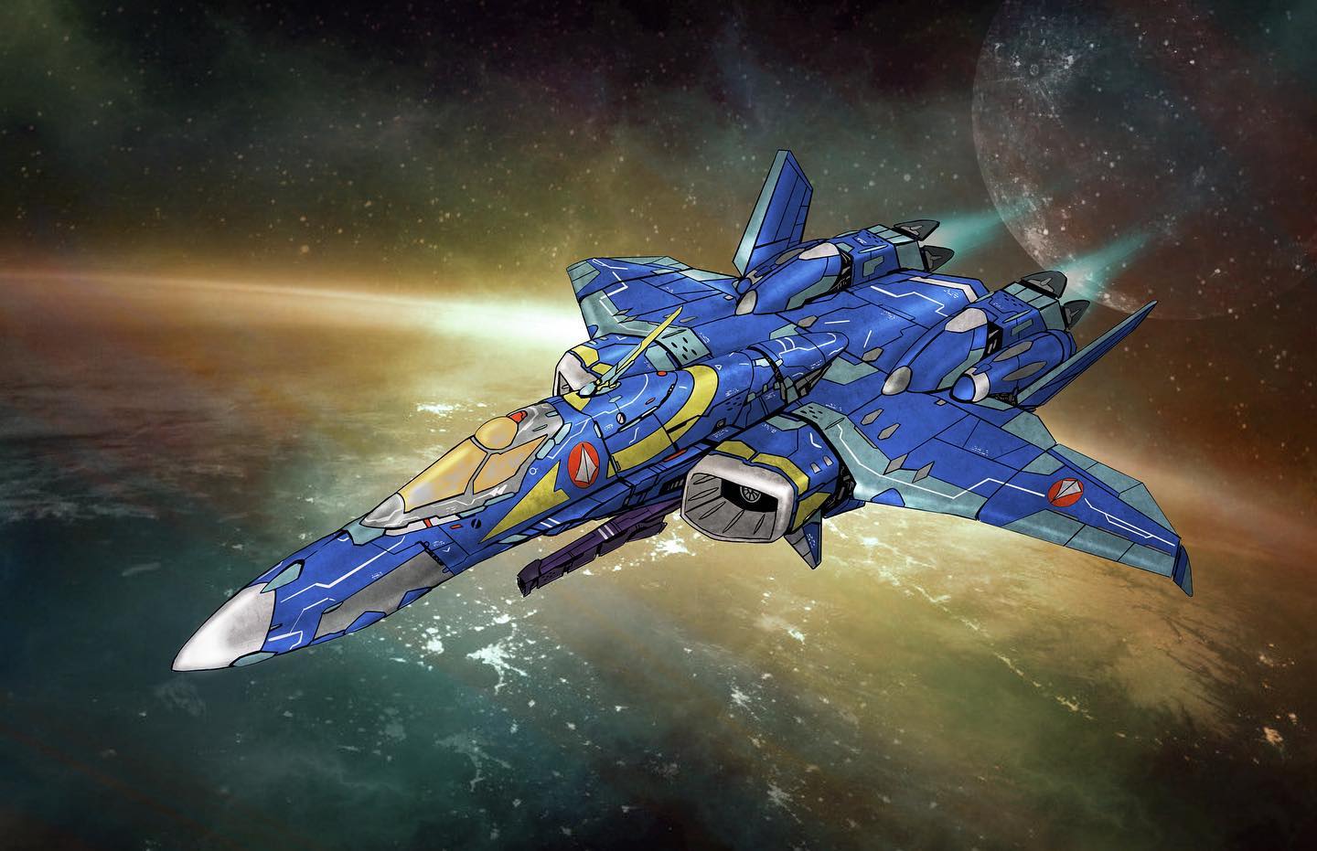 aircraft airplane english_commentary fighter_jet flying jet macross macross_plus mecha military military_vehicle no_humans planet procreate_(medium) radio_antenna science_fiction solo space variable_fighter yf-21
