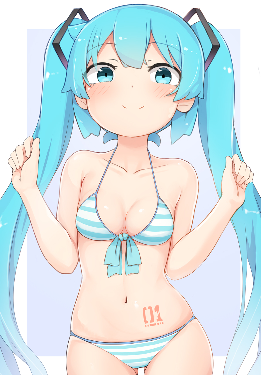 1girl abmayo bangs bare_arms bare_shoulders bikini blush breasts closed_mouth collarbone commentary_request cowboy_shot eyebrows_visible_through_hair front-tie_bikini front-tie_top halterneck hands_up hatsune_miku highres long_hair looking_at_viewer navel panties simple_background smile solo standing stomach_tattoo striped striped_bikini swimsuit tattoo thigh_gap twintails underwear very_long_hair vocaloid