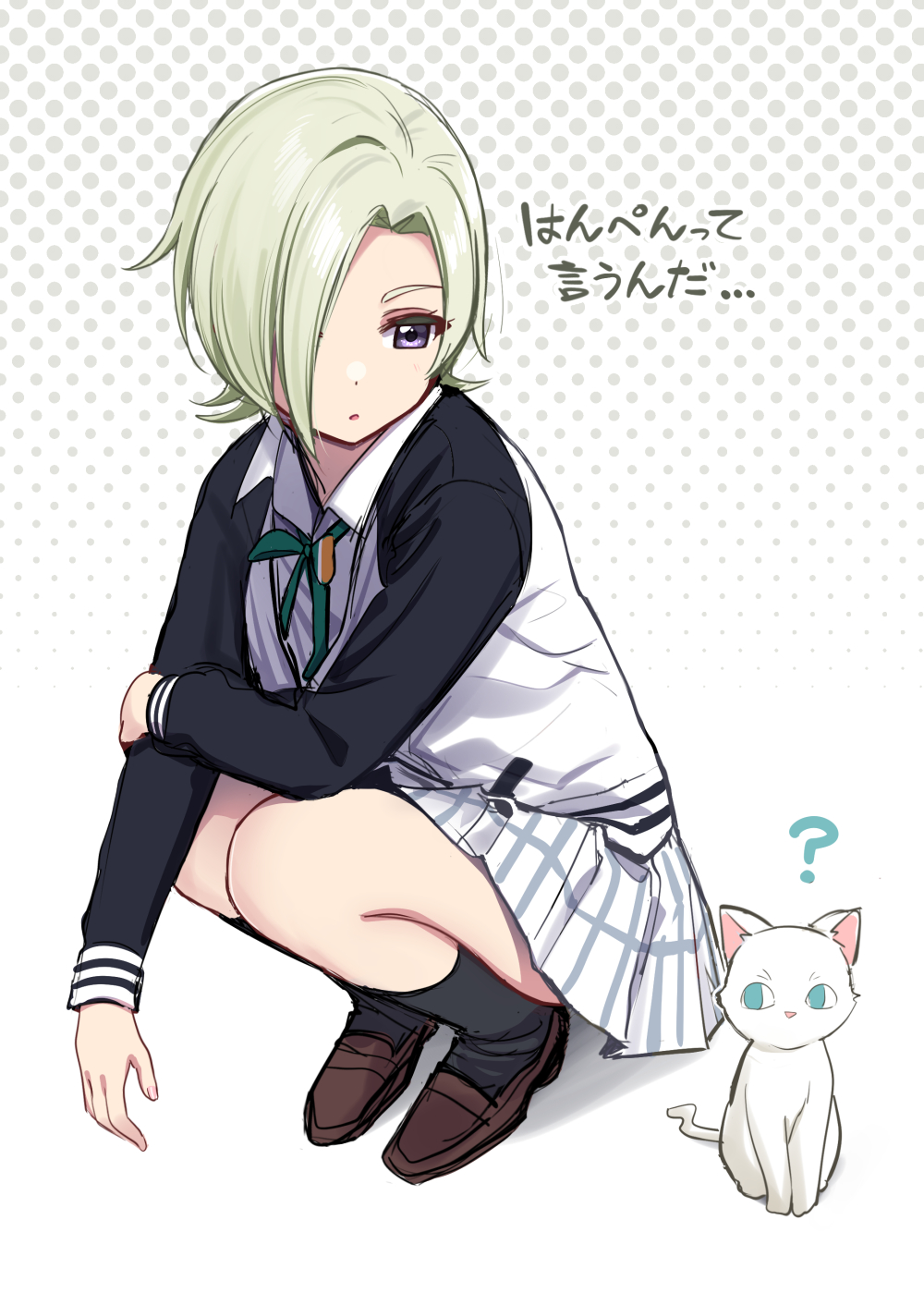 1girl blonde_hair cat deadnooodles grey_eyes hanpen_(nijigasaki) highres long_sleeves love_live! love_live!_nijigasaki_high_school_idol_club mia_taylor nijigasaki_academy_school_uniform one_eye_covered school_uniform short_hair sportswear squatting translation_request white_cat