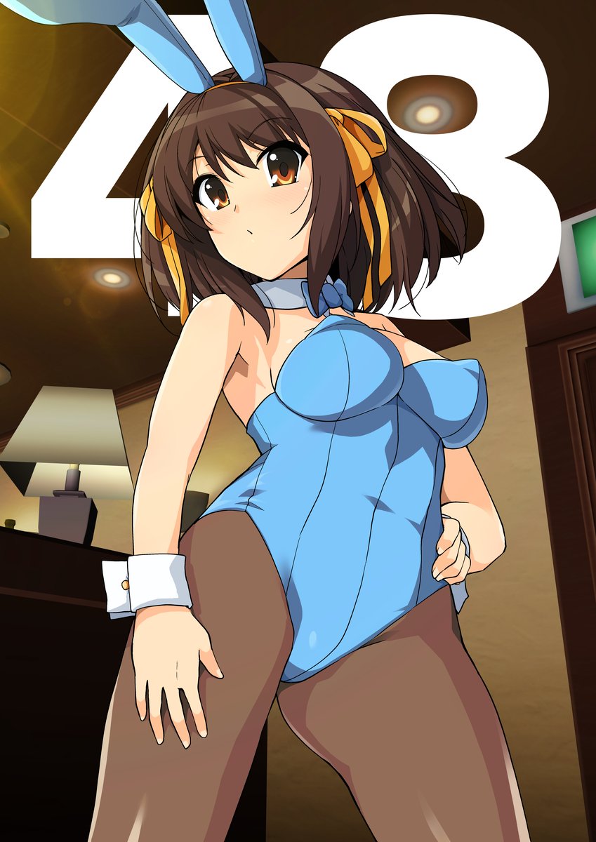 1girl animal_ears blue_neckwear bow bowtie breasts brown_eyes brown_hair bunny_girl commentary_request countdown fake_animal_ears hairband hand_on_hip haruhisky highres lamp medium_breasts pantyhose playboy_bunny rabbit_ears ribbon sleeve_cuffs solo suzumiya_haruhi suzumiya_haruhi_no_yuuutsu thighs yellow_hairband yellow_ribbon