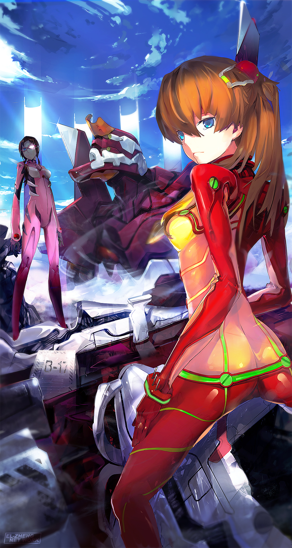 ass blue_eyes bodysuit brown_hair el-zheng entry_plug glasses highres looking_back makinami_mari_illustrious glasses multiple_girls neon_genesis_evangelion plugsuit rebuild_of_evangelion shikinami_asuka_langley souryuu_asuka_langley test_plugsuit watermark