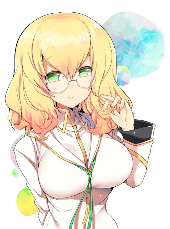 blazblue blonde_hair breasts glasses green_eyes hand_in_hair large_breasts medium_hair round_eyewear smile trinity_glassfield uzukinoko white_background