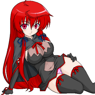 bell_zephyr_(cosplay) breasts cape cleavage cosplay elbow_gloves gloves himuro_akari lowres night_wizard oekaki panties red_eyes red_hair redhead solo striped striped_panties thigh-highs thighhighs underwear
