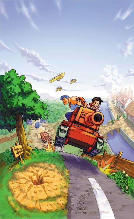 airplane andy black_hair blue_hair bridge caterpillar_tracks city cloud directional_arrow domino explosion fence fire grass grin headband hirata_ryou jumping max max_(advance_wars) military military_uniform military_vehicle muscle nintendo official_art orange_hair outdoors ryou_(advance_wars) sami sami_(advance_wars) shadow short_hair sign sky sleeves_rolled_up smile smoke spiked_hair tank tank_top tree uniform vehicle water