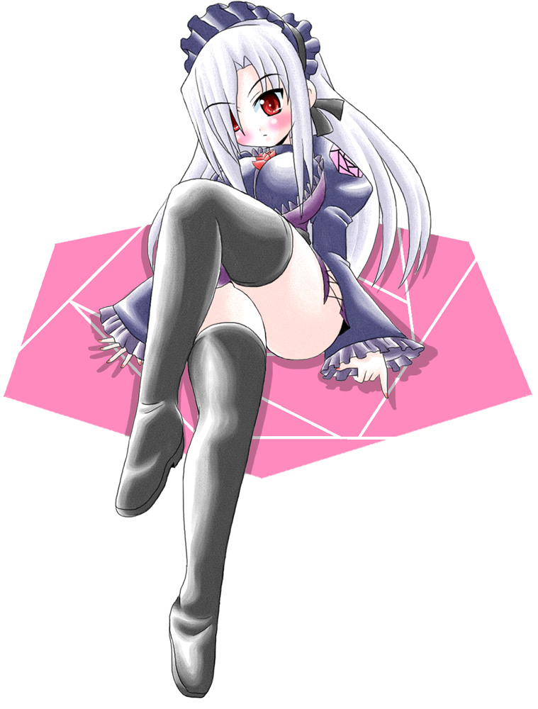 bonnet boots breasts kyouran_kazoku_nikki midarezaki_chika red_eyes thigh-highs thigh_boots thighhighs white_hair