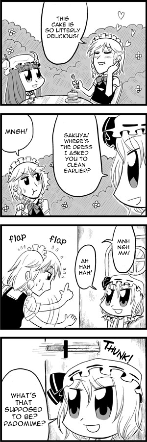 bkub cake comic food hard_translated izayoi_sakuya knife monochrome pastry patchouli_knowledge pun remilia_scarlet touhou translated