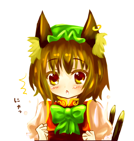 23 animal_ears blush brown_eyes brown_hair cat_ears cat_tail chen earrings hat jewelry lowres multi_tail multiple_tails nyan ribbon ribbons short_hair tail touhou