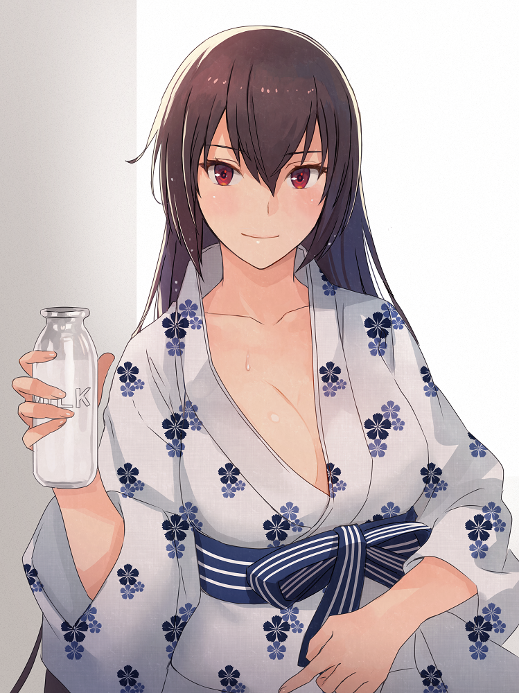 1girl bangs bath_yukata bottle breasts brown_hair closed_mouth collarbone commentary eyebrows_visible_through_hair floral_print hair_between_eyes hand_up holding holding_bottle japanese_clothes kantai_collection kasumi_(skchkko) kimono large_breasts light_smile long_hair looking_at_viewer milk milk_bottle nagato_(kantai_collection) no_bra obi red_eyes sash solo upper_body white_kimono yukata