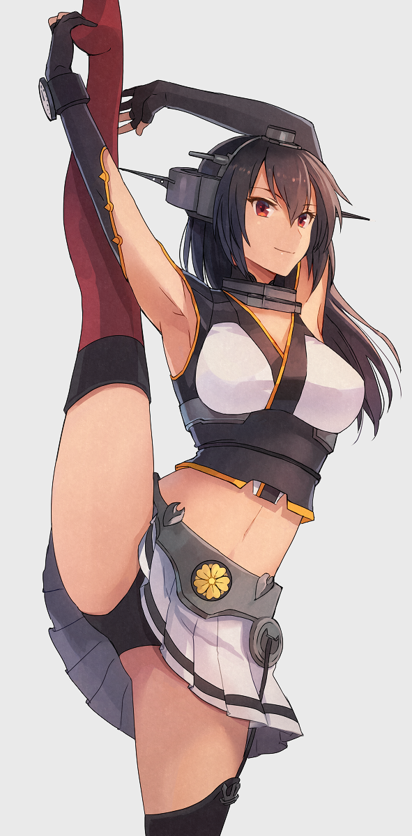 1girl black_gloves black_hair black_panties collar cowboy_shot elbow_gloves fingerless_gloves gloves grey_background headgear highres kantai_collection kasumi_(skchkko) long_hair miniskirt nagato_(kantai_collection) navel panties pleated_skirt red_eyes skirt smile solo split standing standing_on_one_leg standing_split thigh-highs underwear